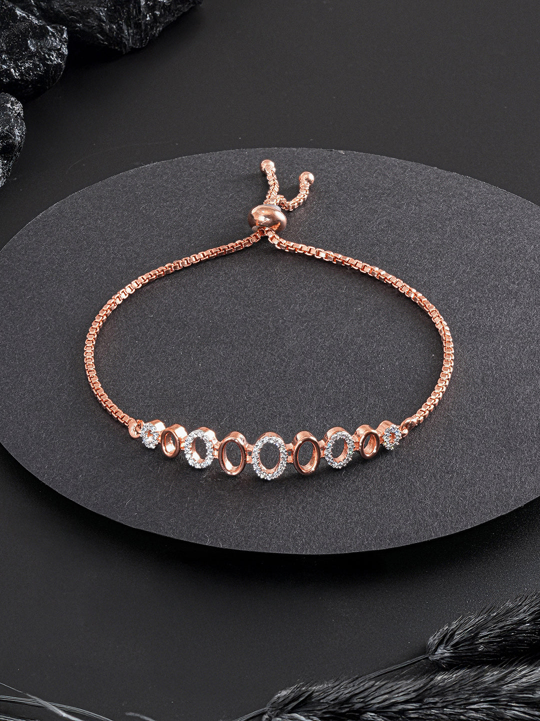 Rose Gold Toned Zircon Embellished Adjustable Pull Chain Slider Bracelet